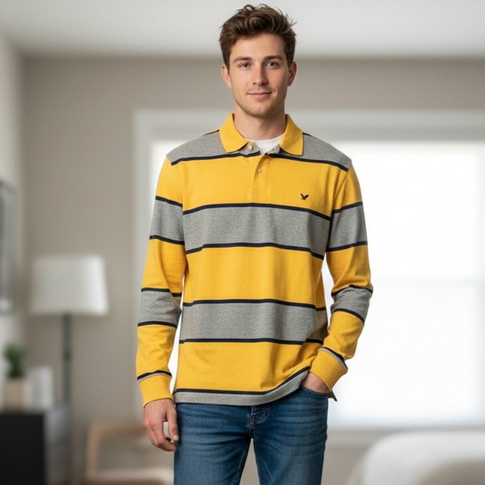 New! American Eagle Outfitters Long Sleeve Striped Polo Shirt Mens Size Medium